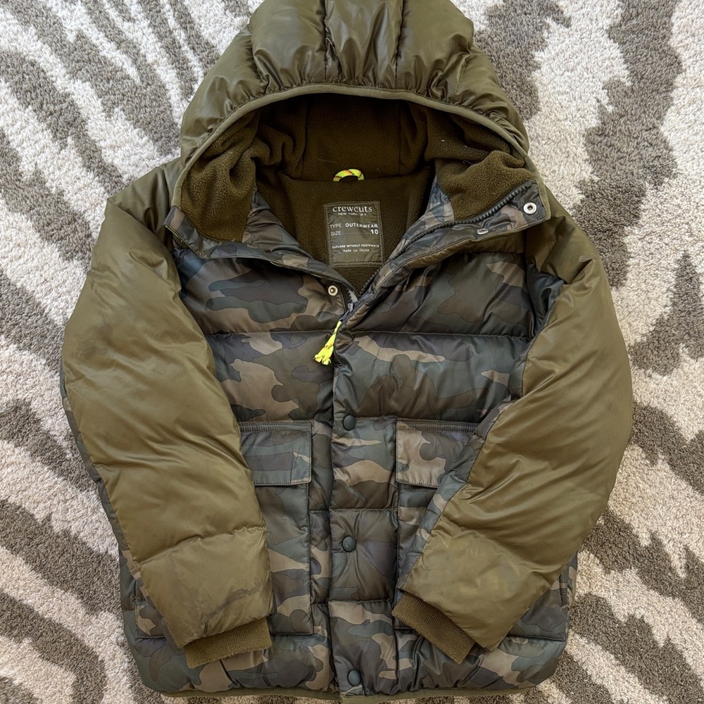 J.Crew Crewcuts Green Camouflage Puffer Jacket sz 10